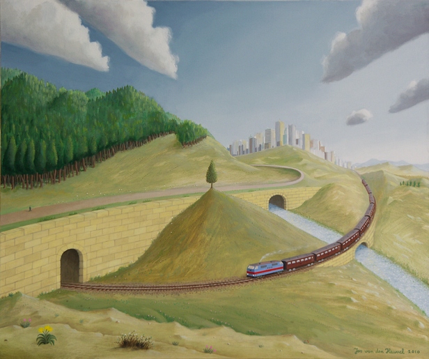 trein spoorweg stad bos schilderij kunst art